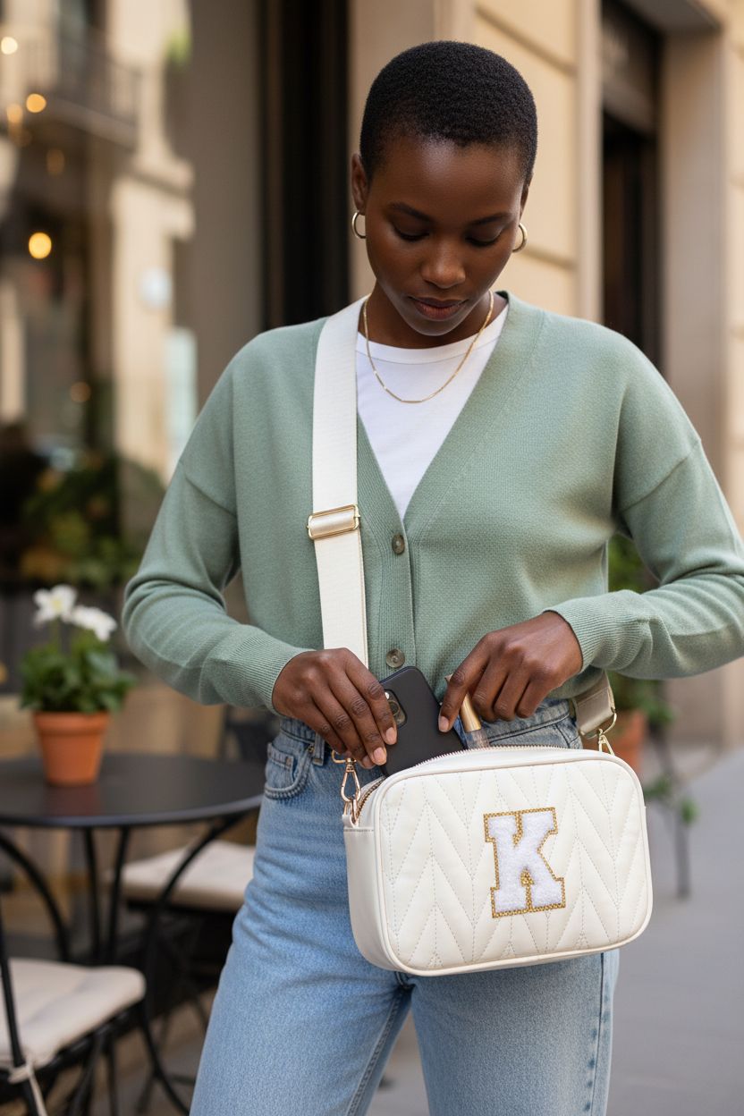 TOPEAST white quilted crossbody bag with guitar strap, perfect for everyday use.