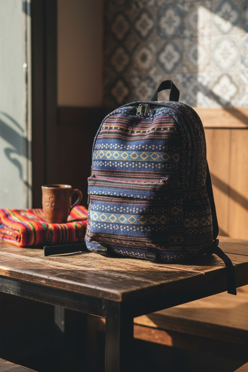 Yaopeing Peruvian bag resting in café, surrounded by travel elements, highlighting craft culture and design.