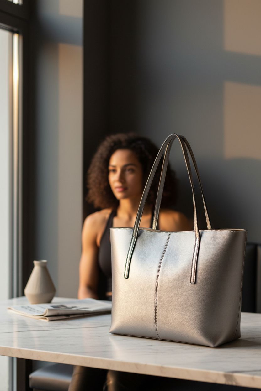 Covelin pewter tote resting on marble table in a cozy café, exuding elegance.