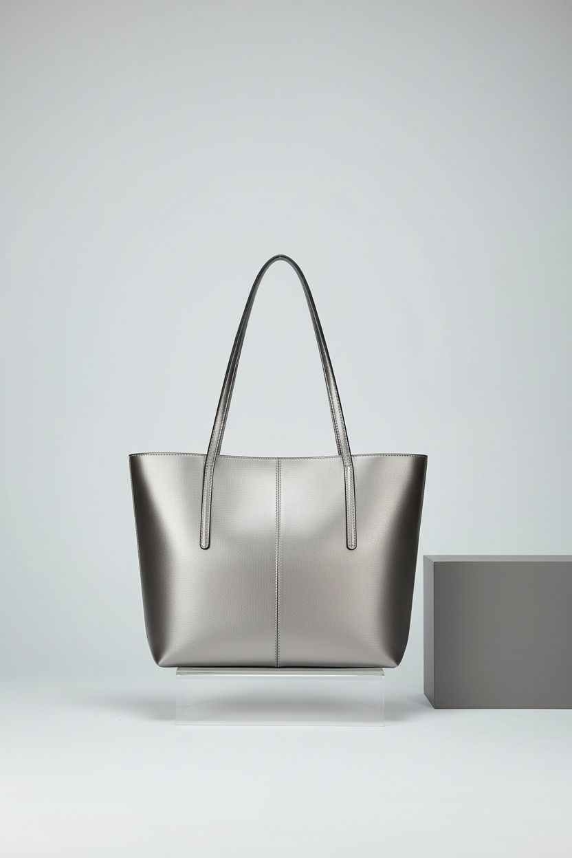 Detailed view of Covelin pewter leather tote, showcasing its sleek design and texture.