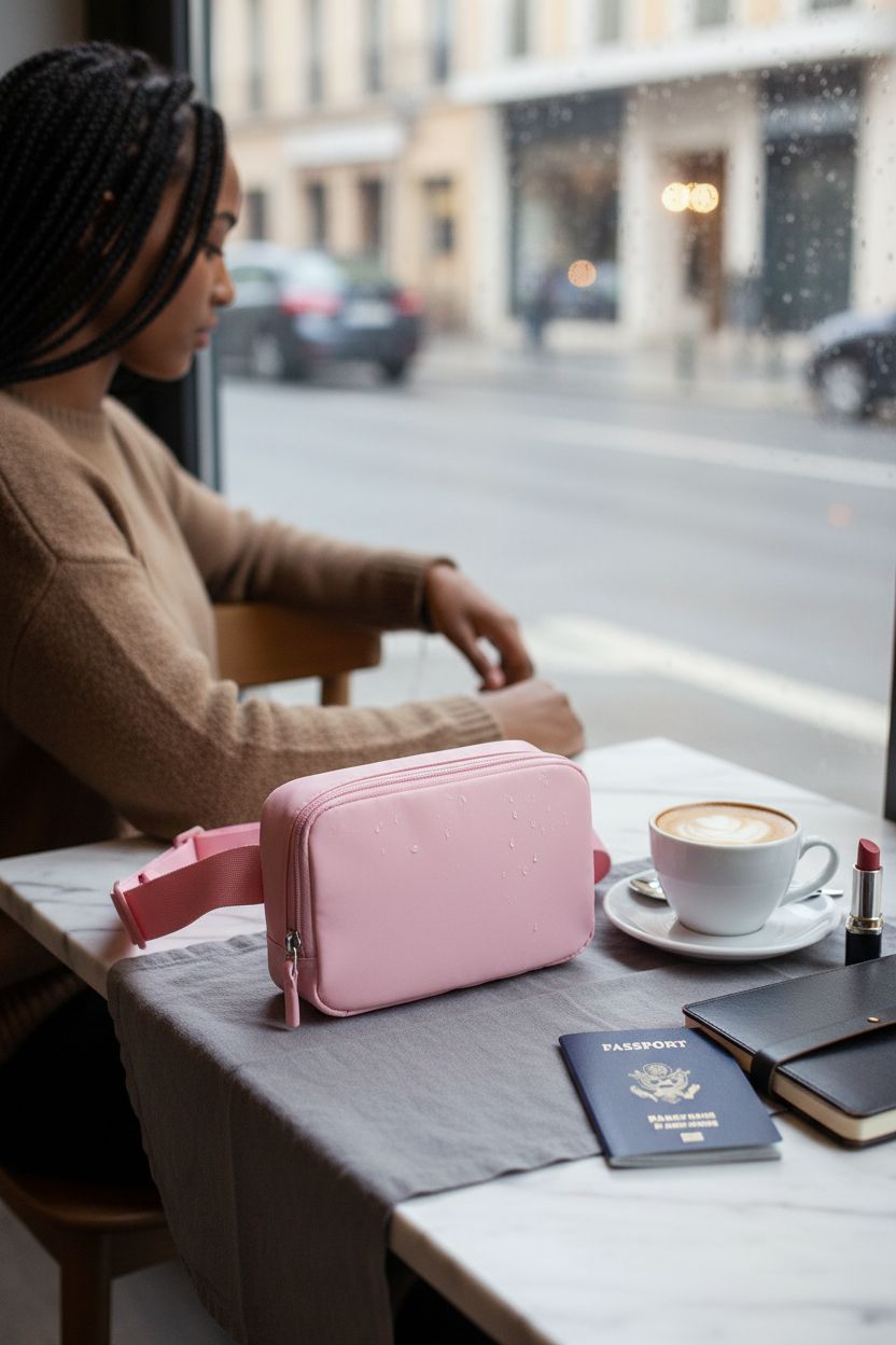 Pink WITROMAN bag resting on a marble table in a cozy café, perfect for travel.