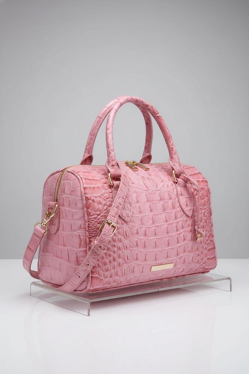 Detailed view of Makcr Joacbv pink handbag showcasing craftsmanship and crocodile embossing.