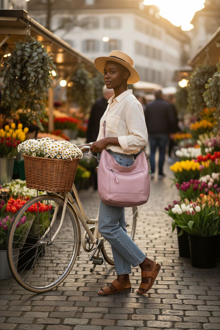 The Sak Sequoia Hobo pink leather purse at a spring flower market near a vintage bike