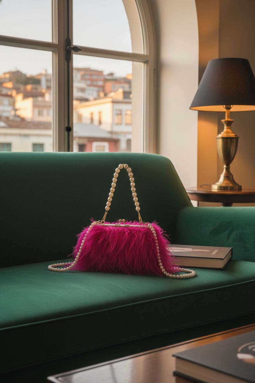 Elegant hot-pink feather clutch purse by Fecialy on a velvet couch, showcasing luxury.
