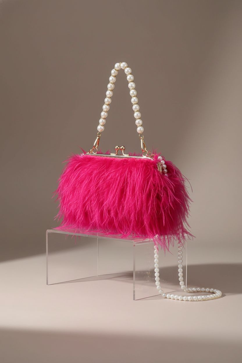 Fecialy hot-pink feather clutch purse with pearl handle displayed elegantly.