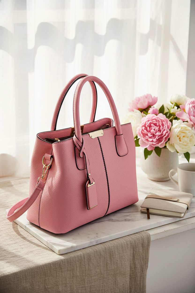FiveloveTwo pink satchel on a serene workspace with peonies, showcasing its elegant design and pebbled leather.