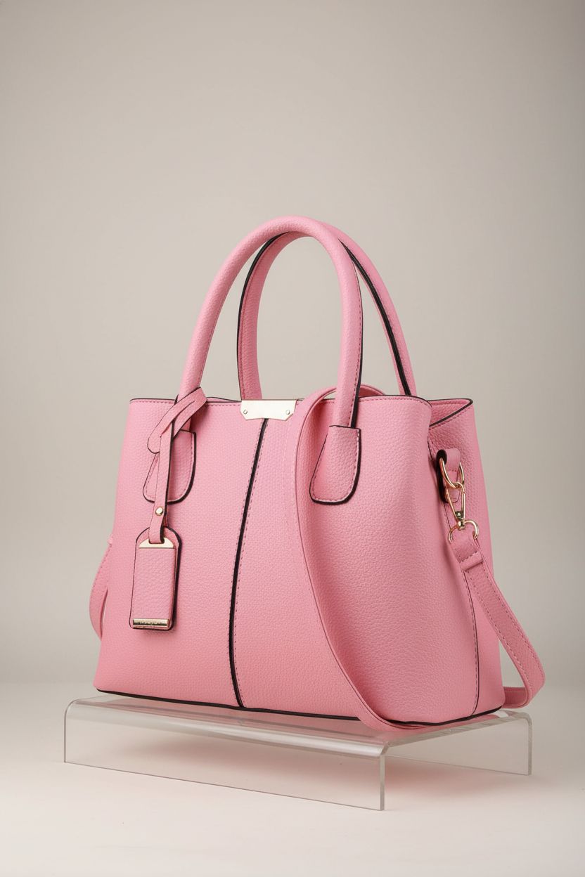 FiveloveTwo pink satchel handbag on a clean studio set, highlighting its pebbled texture and gold metal hardware.