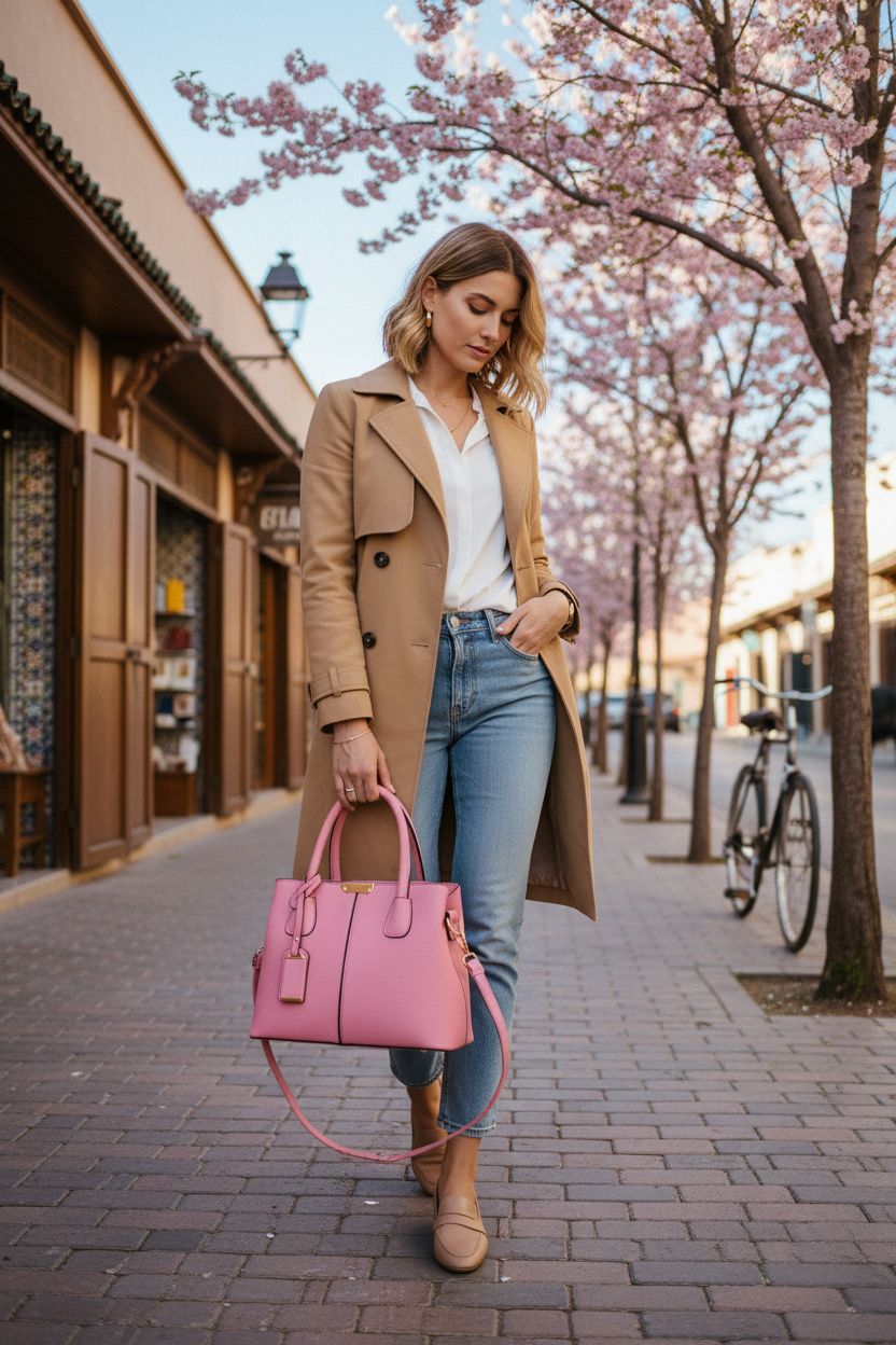FiveloveTwo pink satchel handbag against a cherry-blossom backdrop, showcasing gold hardware and stylish design.