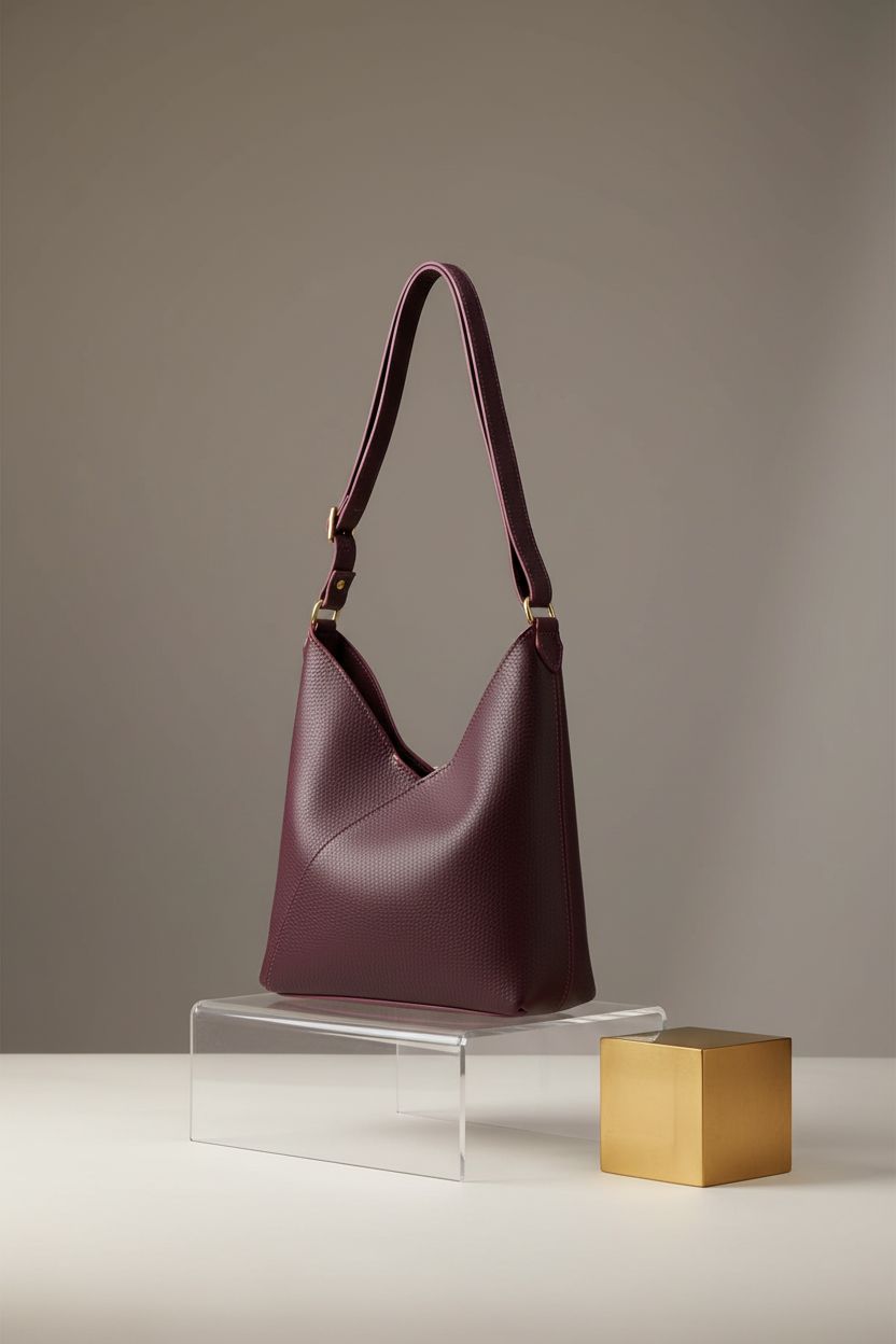 Product showcase of Portland Leather Goods plum bag, highlighting full-grain leather texture and design.