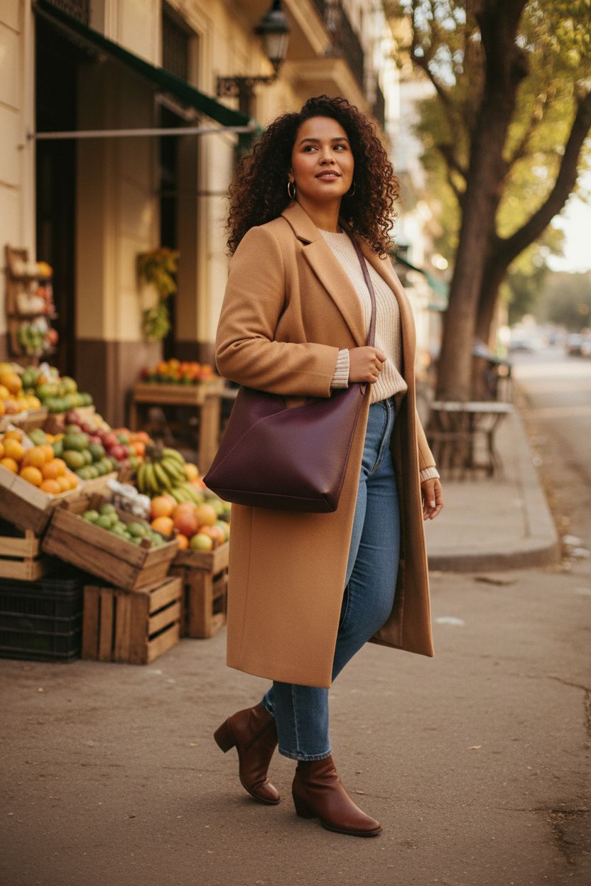 Portland Leather Goods plum shoulder bag worn crossbody, showcasing slouchy leather style.