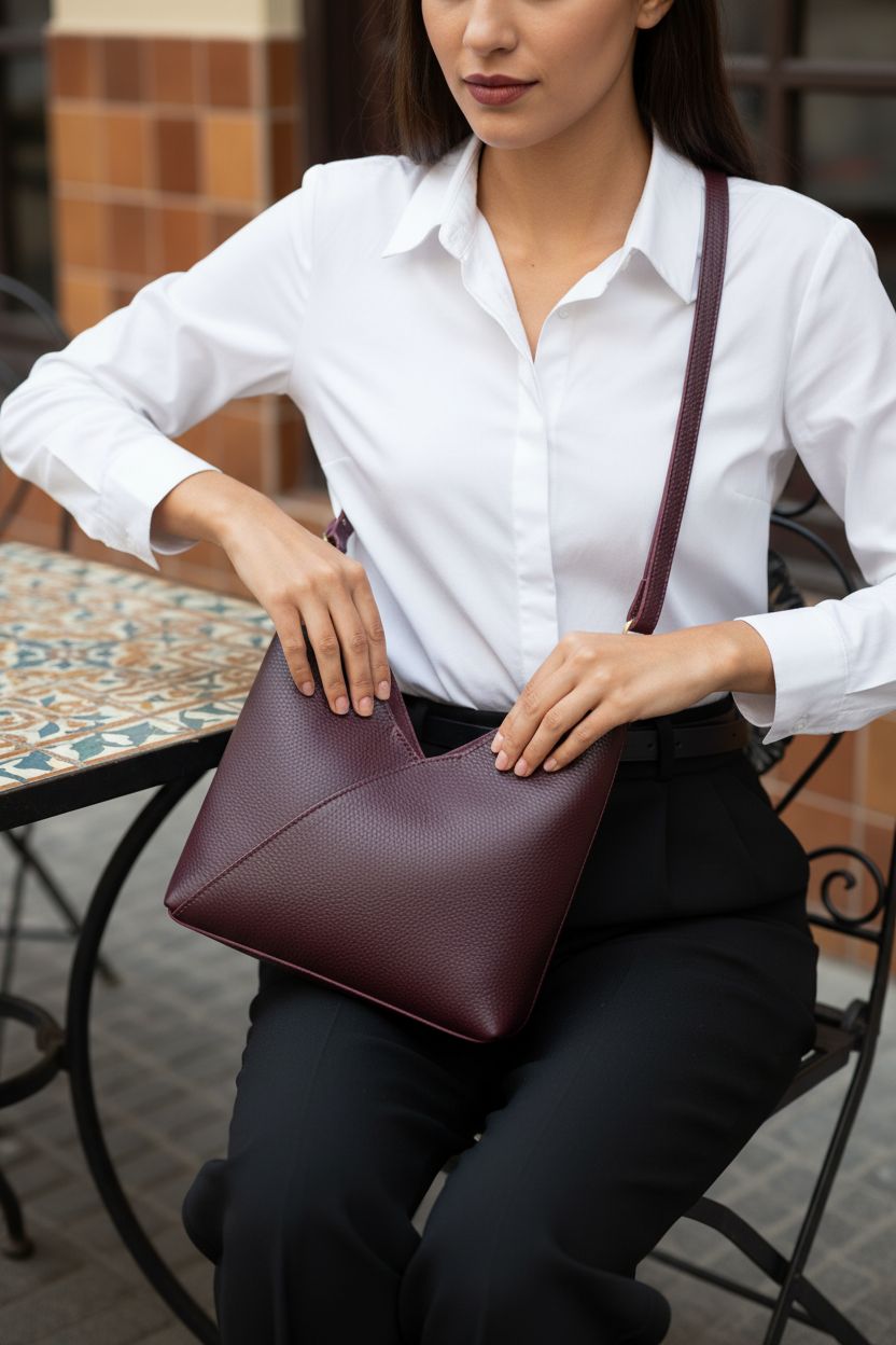 Plum leather bag on lap, highlighting magnetic closure and V-panel design by Portland Leather Goods.