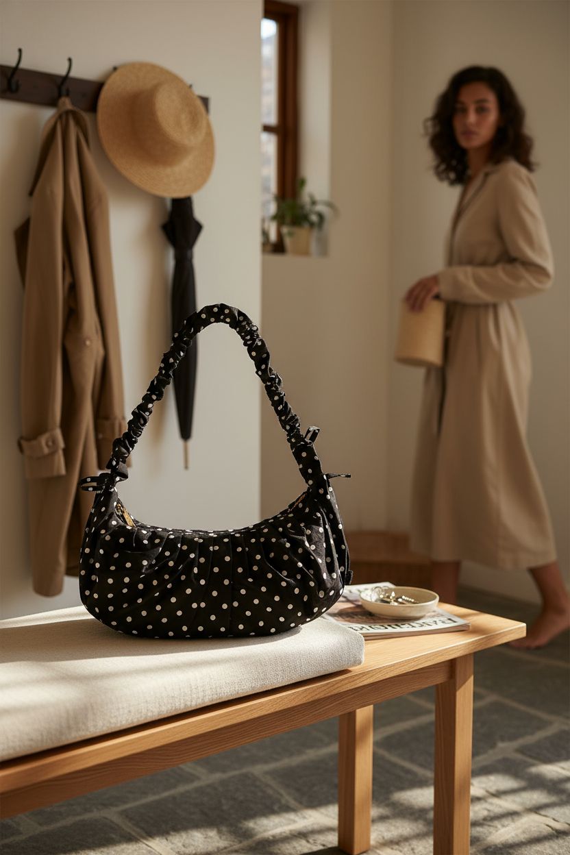 Halemet polka dot dumpling bag resting on an oak bench in a sunlit entryway.