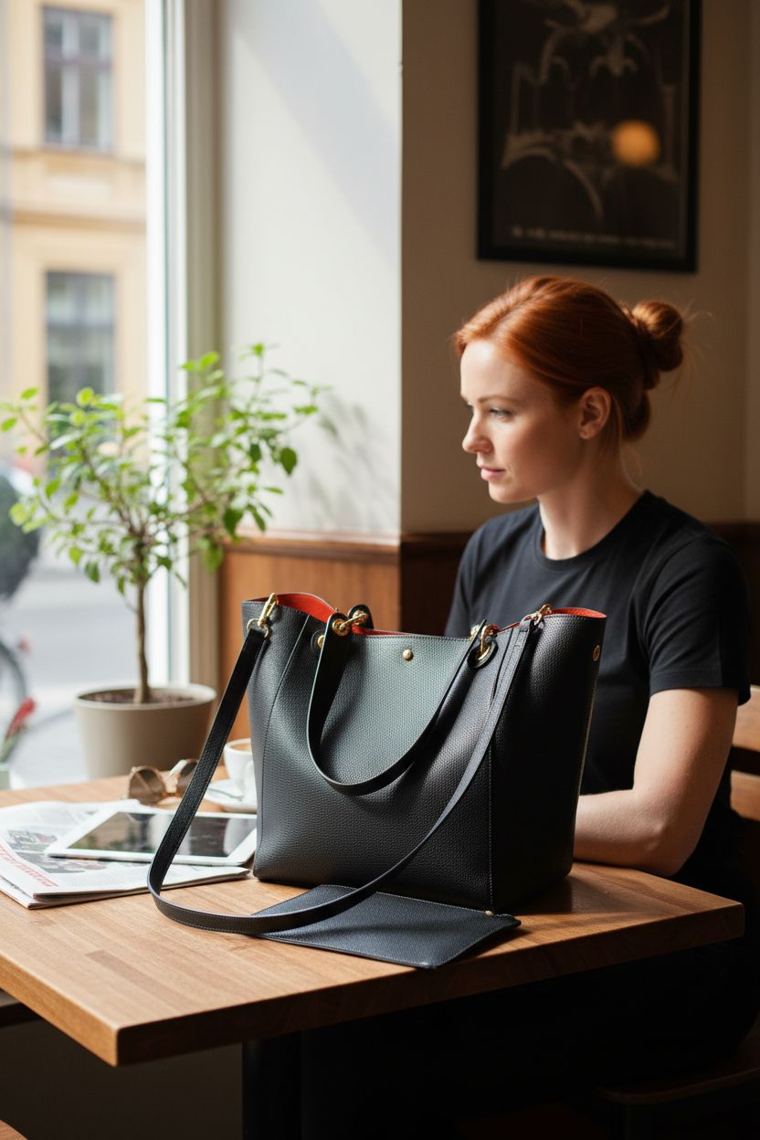 sqlp Large Work Tote Bag resting on a table, paired with coffee and sunglasses in a cozy café setting.