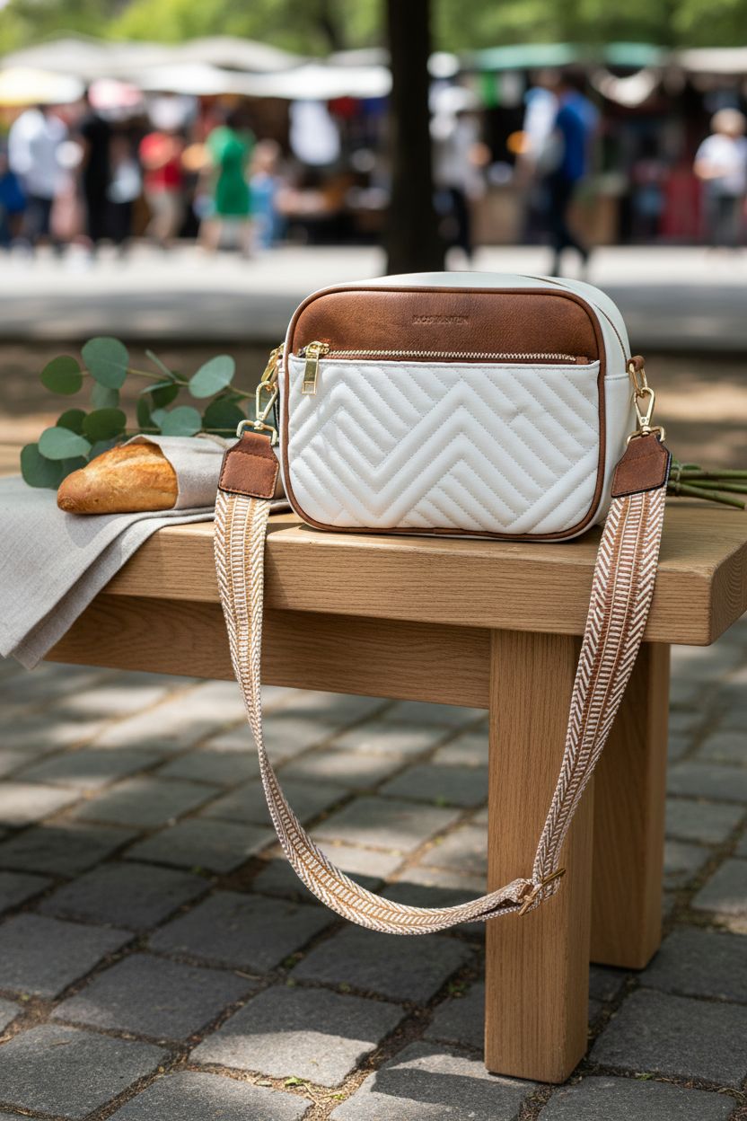 BOSTANTEN vegan leather crossbody bag on a bench at a weekend market