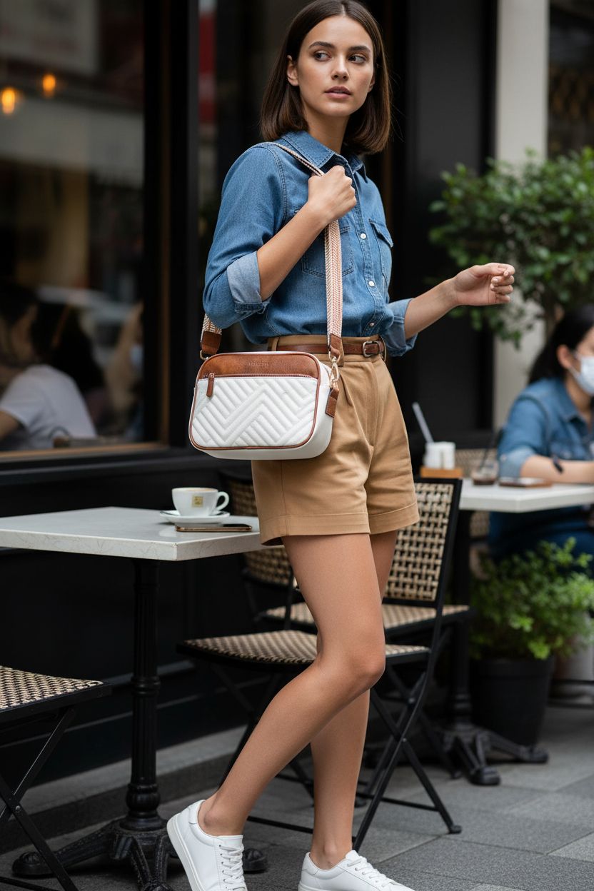 BOSTANTEN quilted crossbody bag in beige and brown beside coffee at a café