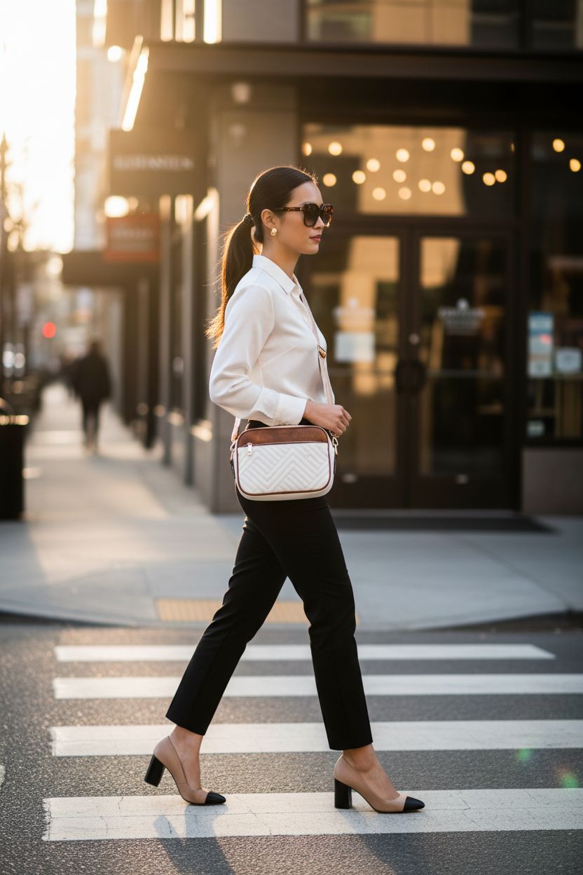 BOSTANTEN beige and brown crossbody bag against crisp blouse in urban setting