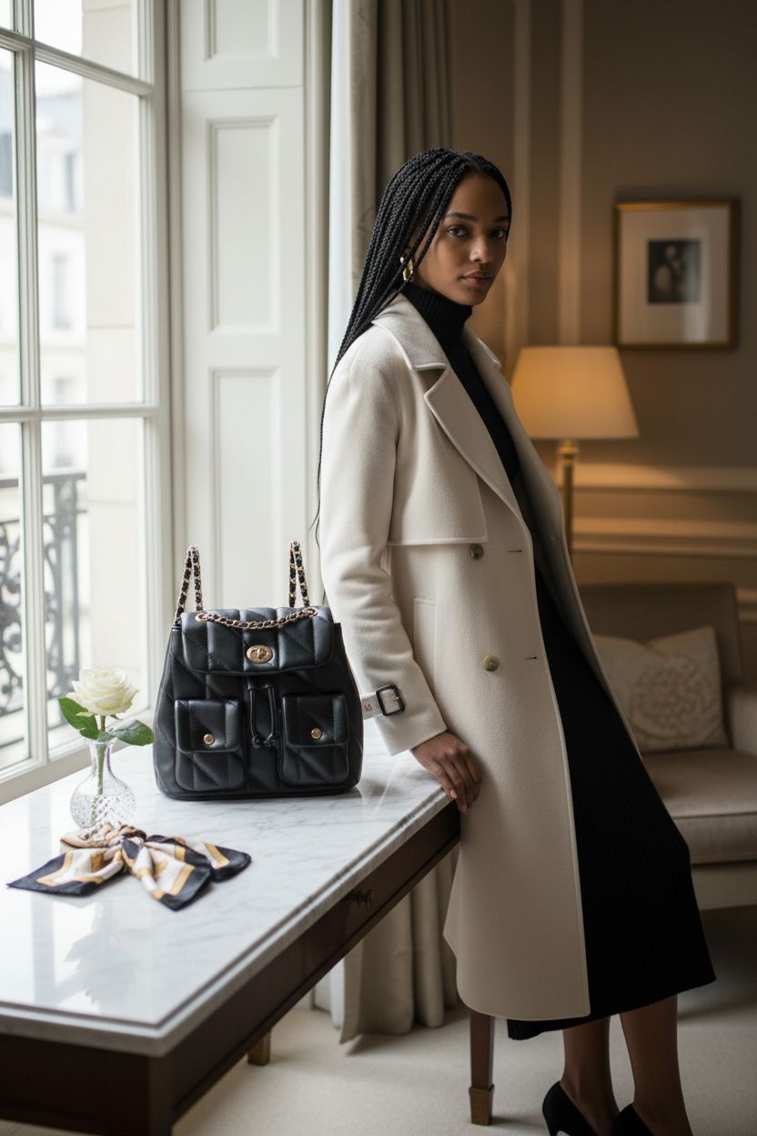 CLUCI crossbody bag on a marble console in a refined hotel suite, travel-ready vibe