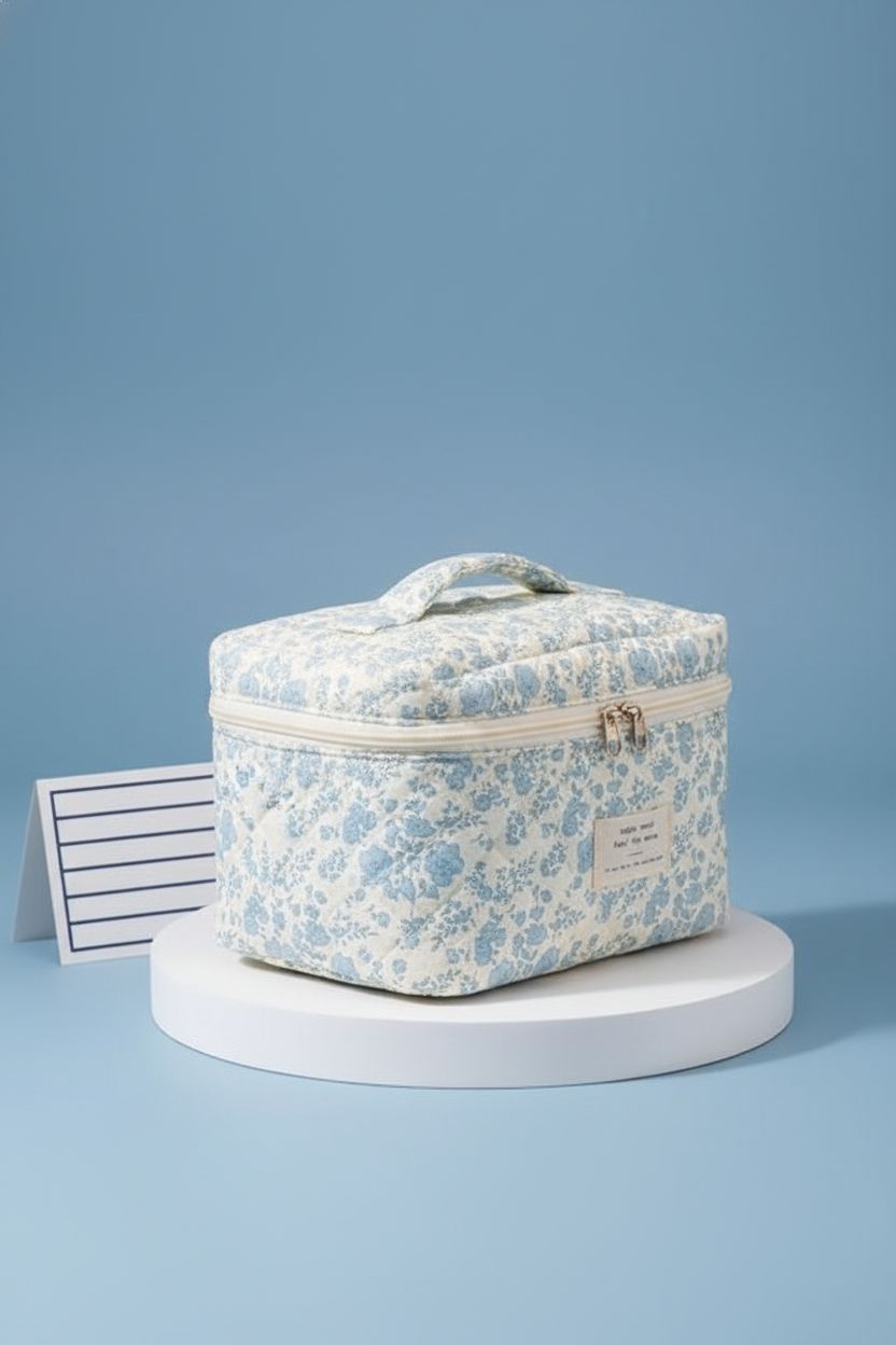Gosect cream-and-blue floral cosmetic bag displayed on a blue backdrop showcasing its elegant design.