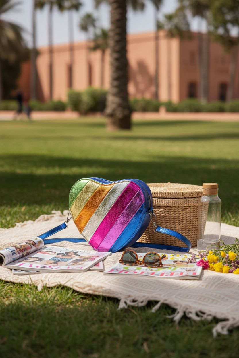 Heart-shaped rainbow purse by NPJGKY on a picnic blanket, perfect for outdoor gatherings.