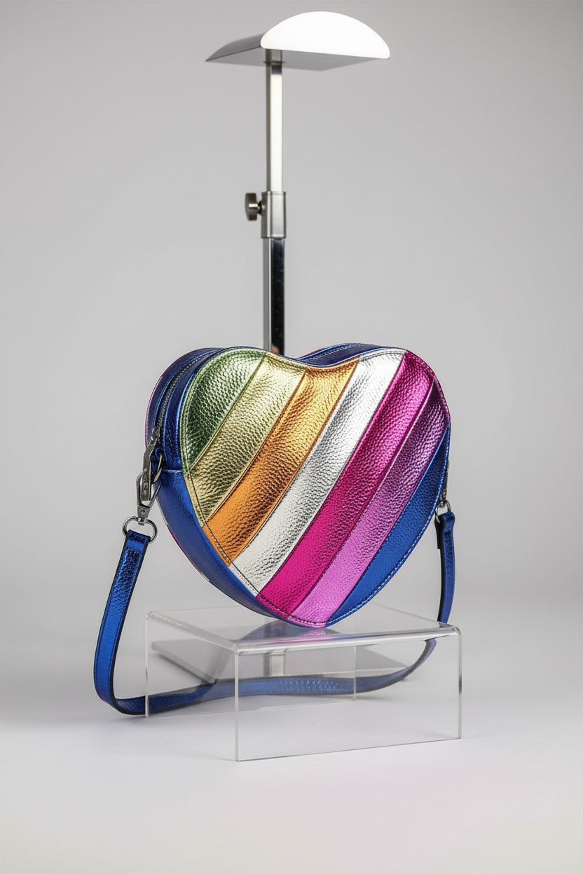 NPJGKY heart-shaped rainbow bag displayed on a studio set, showcasing its stylish design.