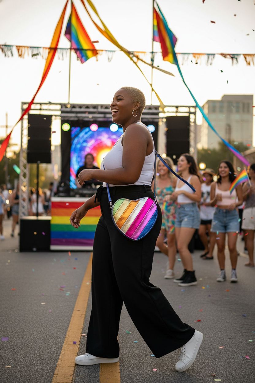 Rainbow patchwork heart-shaped shoulder bag by NPJGKY, perfect for Pride festivals.