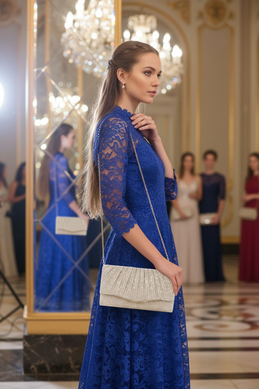 Champagne clutch purse with glitter and chain by lovyoCoCo, ideal for formal occasions.