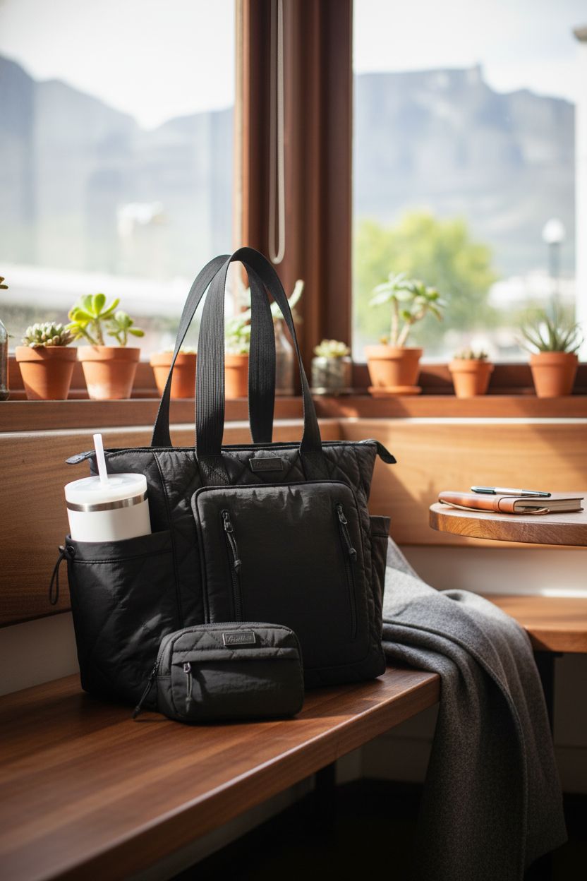 Cozy café setting featuring a Bagstellar black quilted puffer tote with greenery