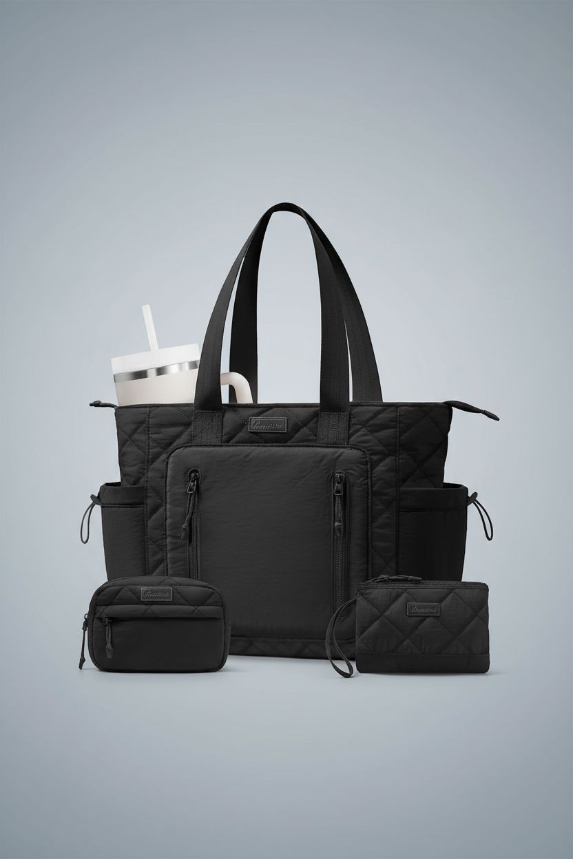 Bagstellar black quilted puffer tote and matching pouch on a gray backdrop