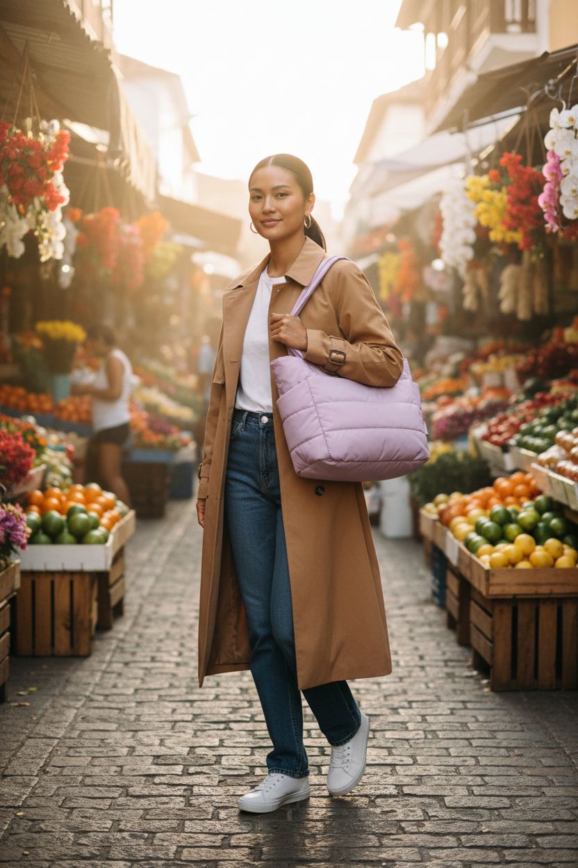 BAGSMART pinkish-purple puffy tote bag in a vibrant market setting, perfect for stylish outings.