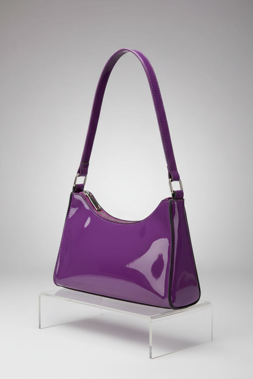 QWINEE purple patent leather tote bag displayed on acrylic riser, showcasing its elegant design.