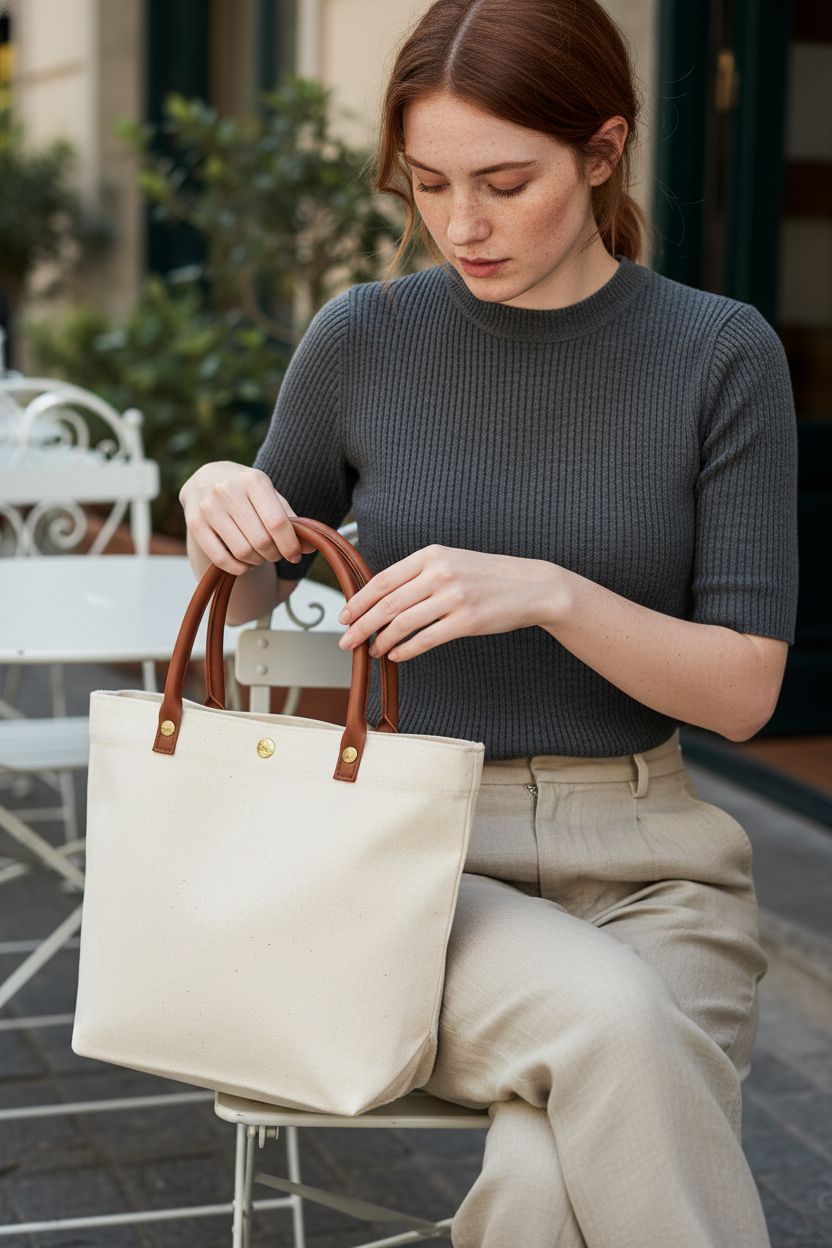 Moicstiy PU leather purse handles elegantly displayed on a bistro chair, emphasizing their chic design and functionality.