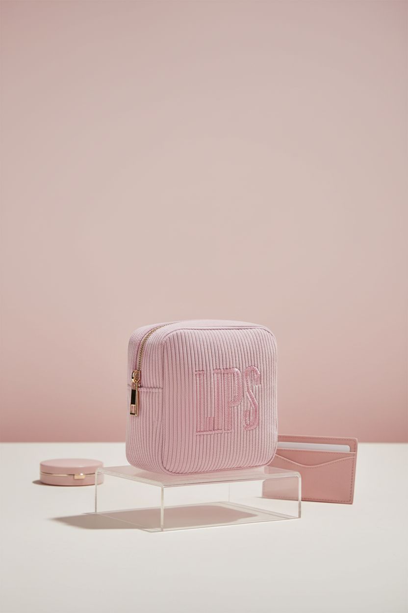 RSRSLEII pink corduroy pouch against a soft blush backdrop, highlighting its stylish design and utility.