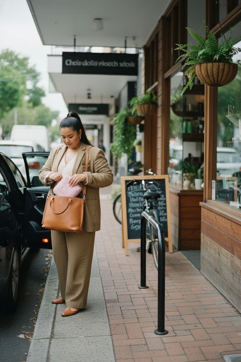 RSRSLEII pink corduroy pouch being pulled from a tote outside a cozy café, perfect for daily essentials.