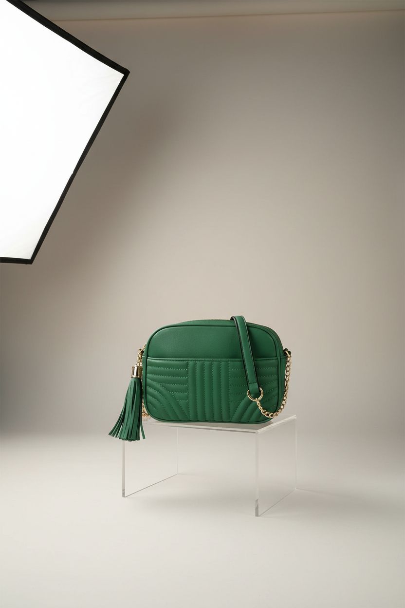 Close-up of EVVE Quilted Crossbody Bag in Kelly Green, showcasing tassel and quilted detail.