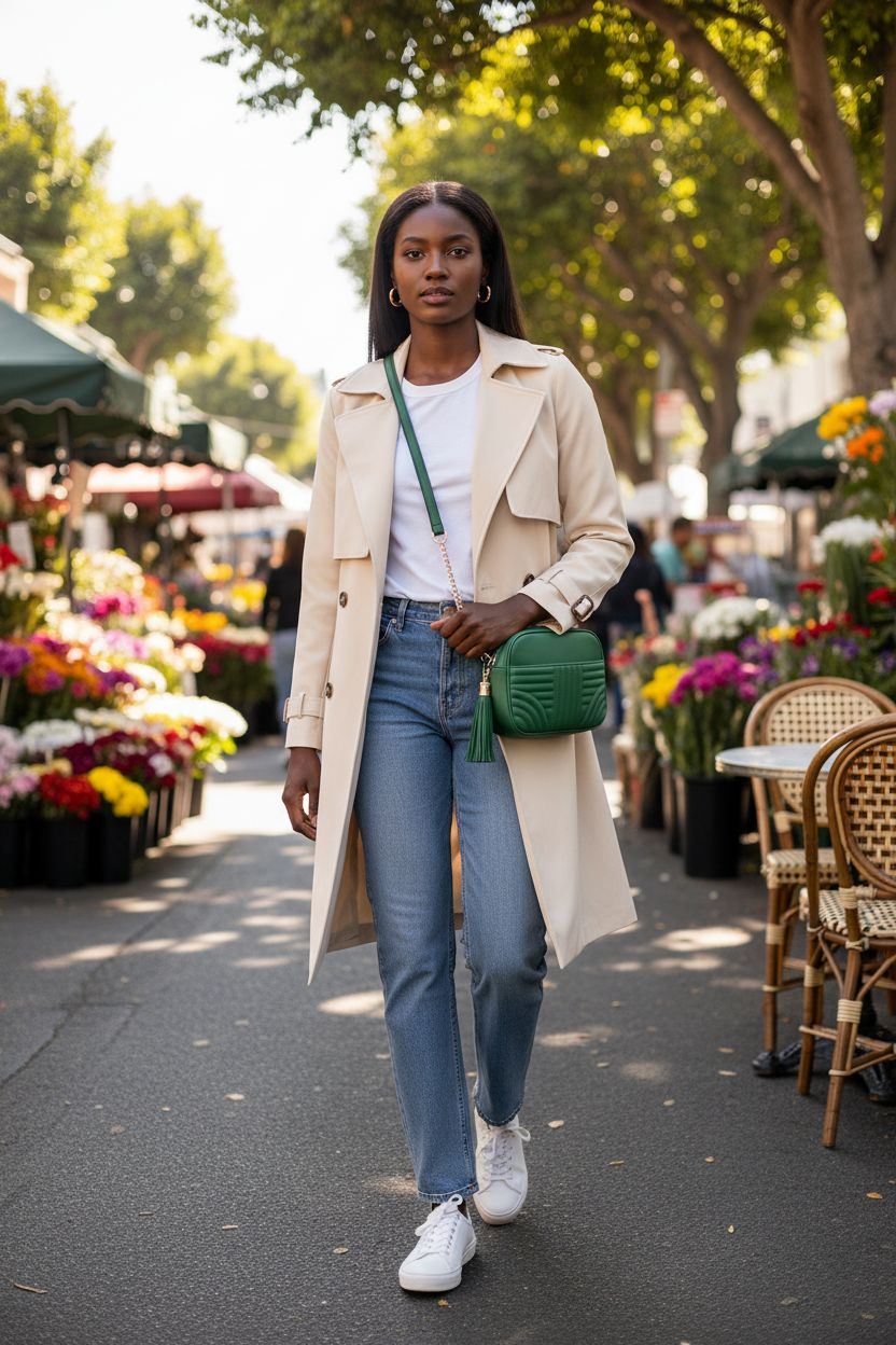 Kelly Green EVVE Quilted Bag with Tassel, featured at an outdoor market, chic crossbody style.