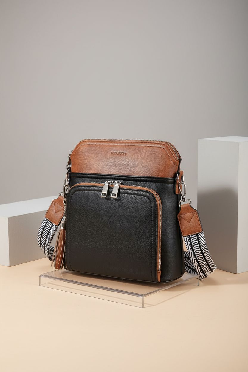 Roulens crossbody purse with built-in wallet displayed on a studio set, highlighting its sleek design.