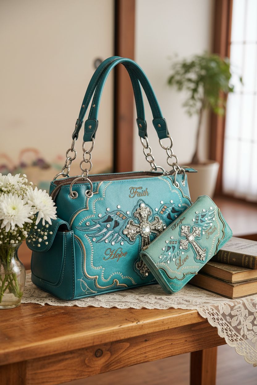 Elegant Zelris turquoise handbag and wallet on a rustic console, perfect for home decor.