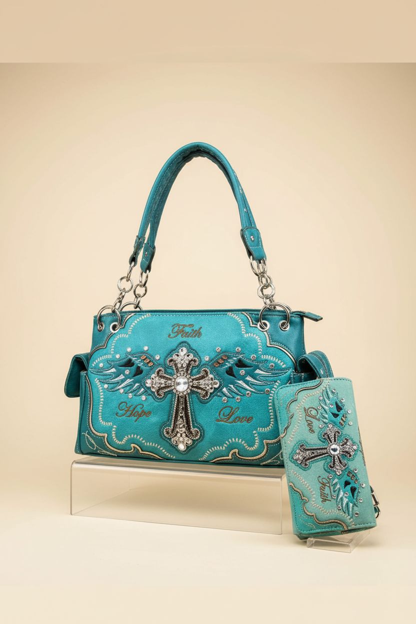 Zelris turquoise handbag and matching wallet showcasing craftsmanship and cross design.