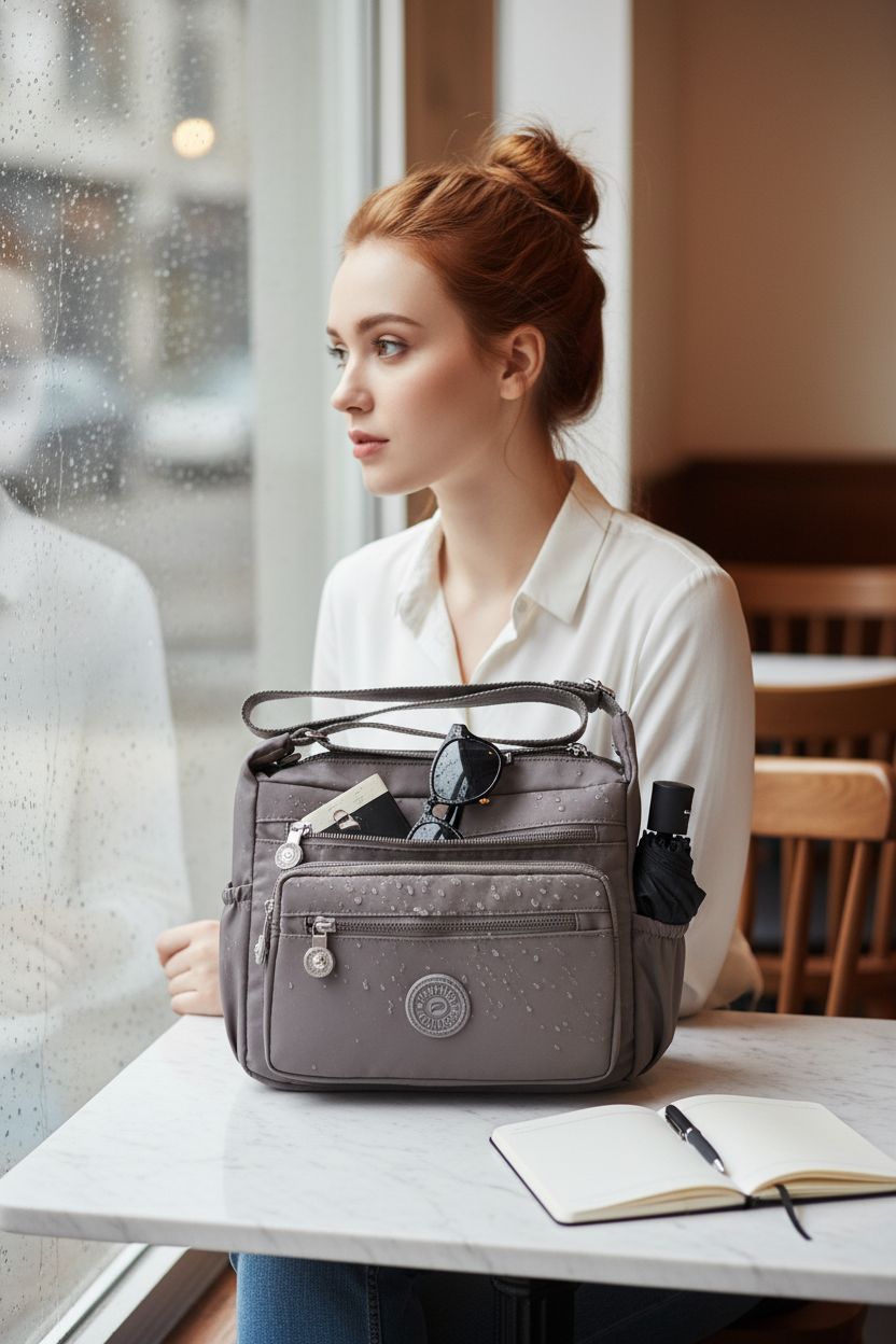 Pealwel grey purse on marble table, showcasing pockets with notebook and umbrella, cozy café vibe.