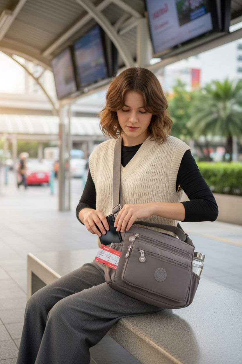 Pealwel grey handbag with multiple pockets, phone and water bottle visible, stylish and functional.