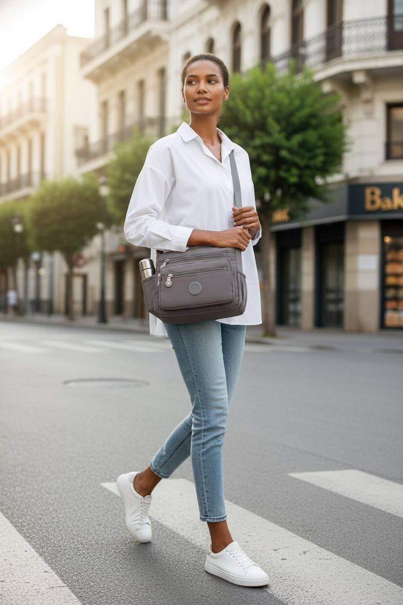 Pealwel grey crossbody bag with water bottle and zip pockets, perfect for on-the-go lifestyle.