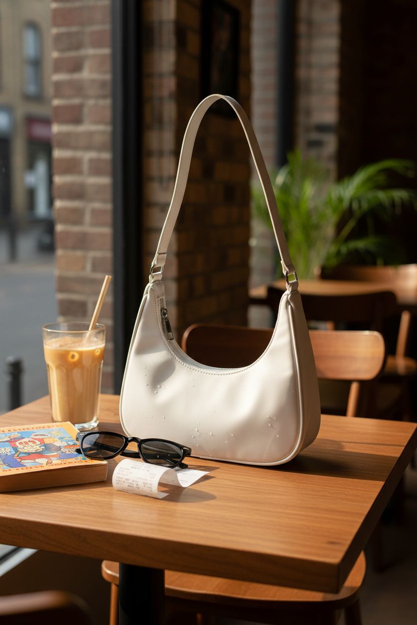 WisePoint Crescent Bag on a cozy café table, hinting at its water-repellent nylon material and practicality.