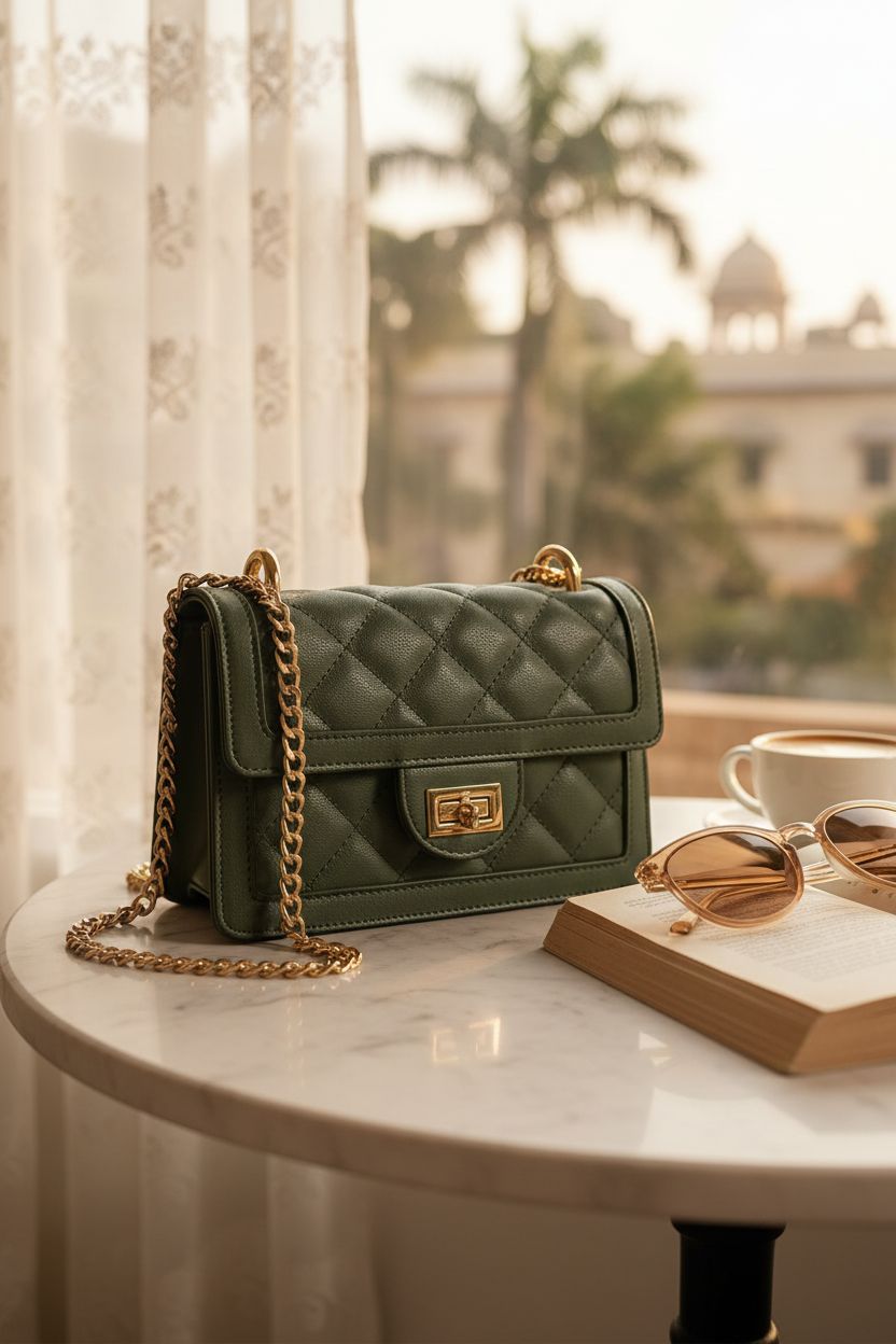 Cozy cafe scene featuring SG SUGU olive quilted bag on marble table with latte.