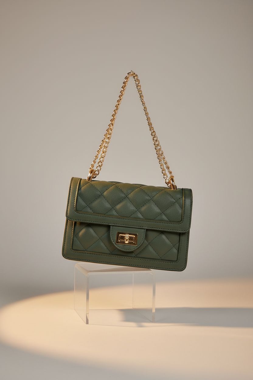 SG SUGU olive quilted crossbody bag showcasing its sleek design and vegan leather.
