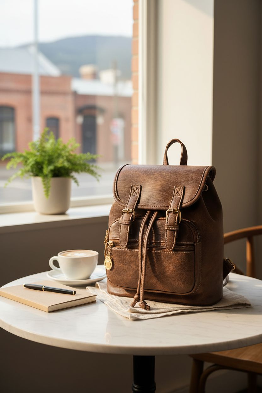 Dora & Liz mini backpack on marble table in a cozy café setting
