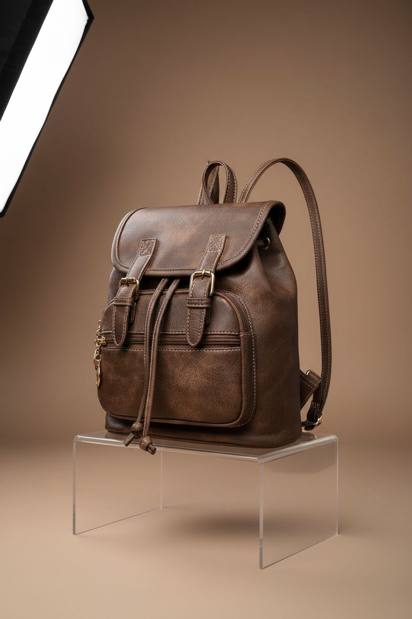 Dora & Liz mini backpack showcased on acrylic riser, highlighting vegan leather details