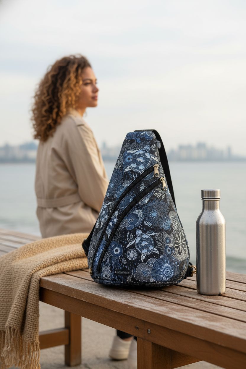 Sakroots On The Go Sling Bag resting on a bench by the sea, highlighting its eco-friendly fabric and design