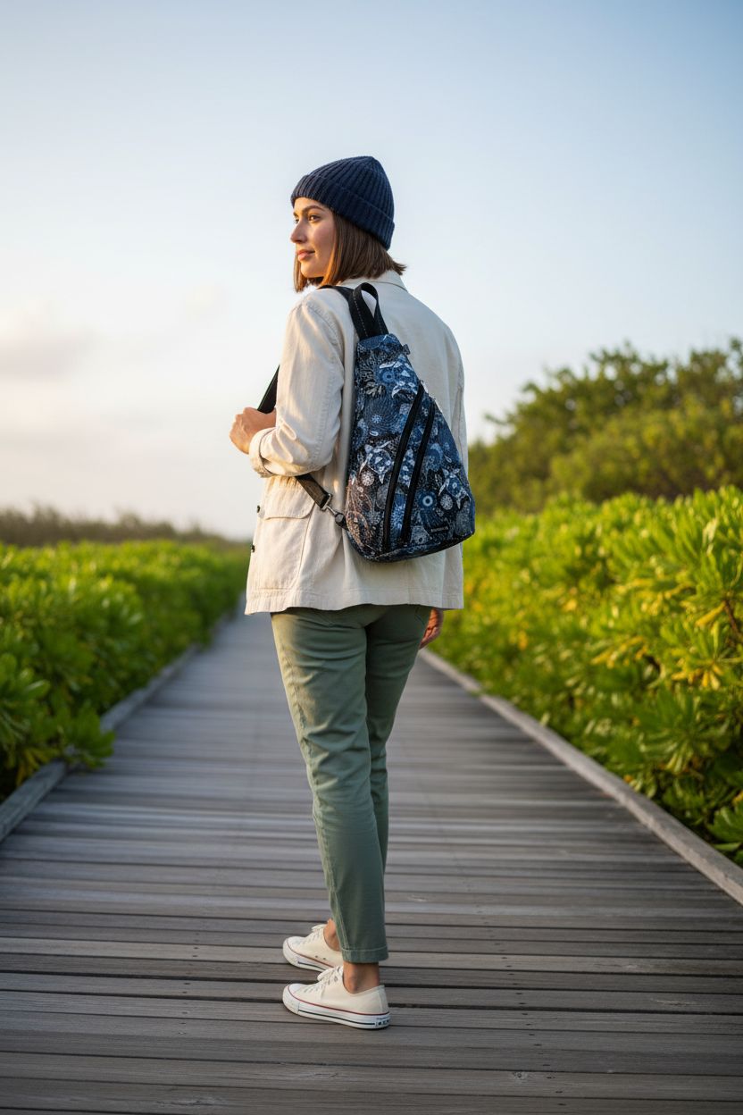 Sakroots On The Go Sling Bag worn as a backpack on a coastal boardwalk, perfect for nature trips