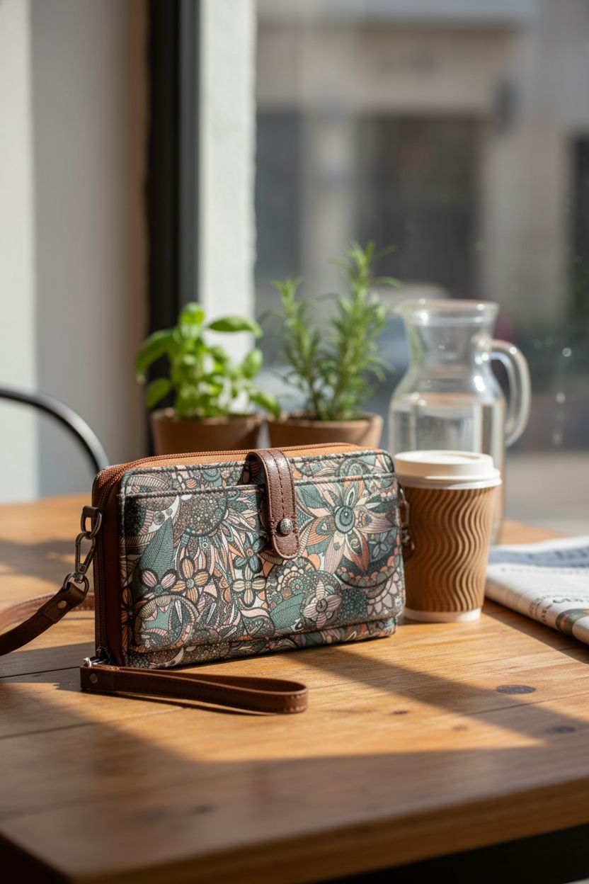 Sakroots eco-twill purse on a café table, highlighting Sienna Spirit Desert print and eco-friendly design.