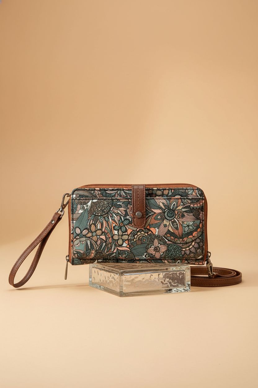 Sakroots eco-twill purse displayed on a sand-colored backdrop, showcasing craftsmanship and design.